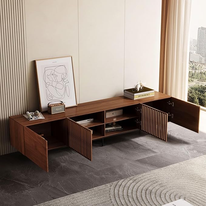 Mid Century Modern TV Stand for 80+ Inch TVs, 94.48" Walnut Console with Ample Storage – Stylish Entertainment Center for Living Room or Bedroom