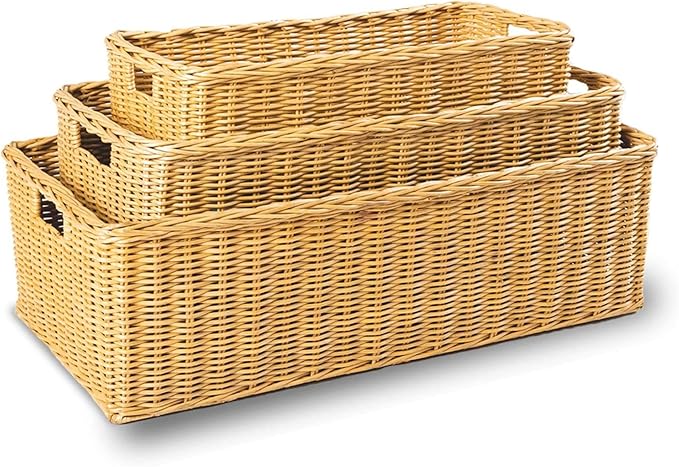 The Basket Lady Long Low Wicker Basket, Large, 25 in L x 11.5 in W x 7 in H, Sandstone