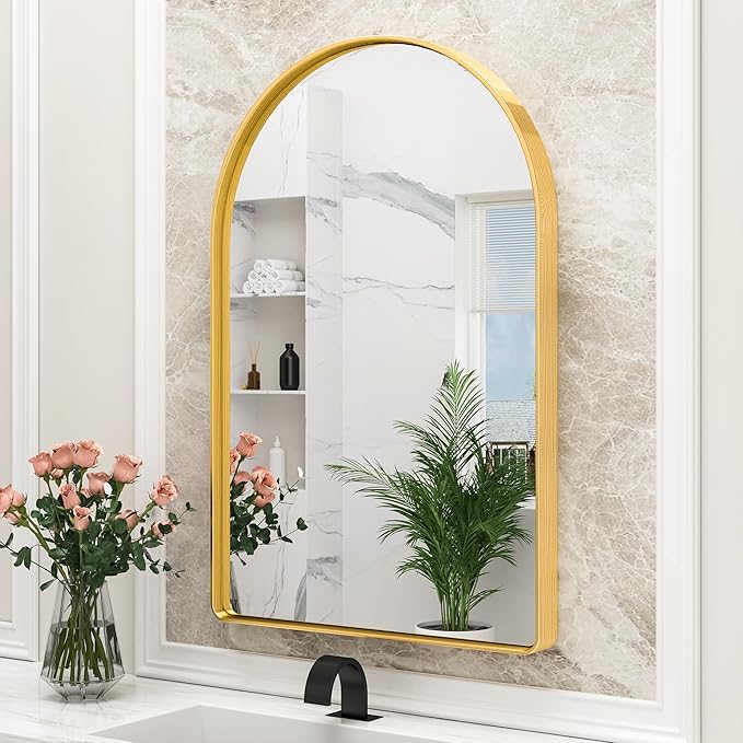 Suidia 26" x 38" Bathroom Mirror, Bathroom Vanity Mirror Metal Framed, Wall-Mounted Mirrors for Bedroom, Living Room, Entryway, Hallway, Gold, Arch Style