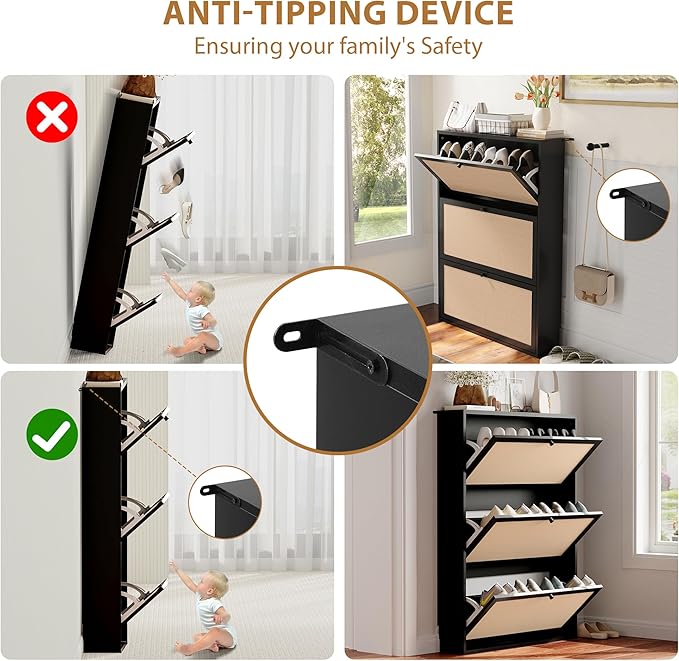 Shoe Storage Cabinet with 3 Flip Drawers, Narrow Wood Shoes Cabinet with Linen Doors Drawer, Freestanding Shoe Organizer Slim Shoe Cabinet Storage Shoe Rack for Entryway Hallway (Black)