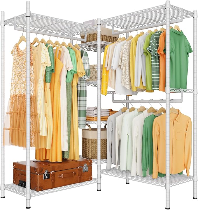 LEHOM G6M Heavy Duty Clothes Rack for Hanging Clothes, Portable Garment Rack Compact Size Closet Organizer, Freestanding Metal Clothing Rack Wardrobe Closet with Storage Shelves for Bedroom, White