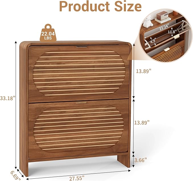 Curved Shoe Storage Cabinet for Entryway with 2 Flip Drawers, Wood Narrow Shoe Cabinet with Arched Panel, Freestanding Shoe Organizer Closed Shoe Rack for Hallway, Foyer, Walnut