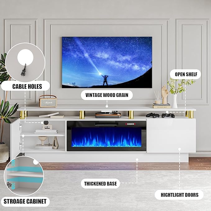 80" Modern Fireplace TV Stand with 36" Electric Fireplace for TVs Up to 90 inch, Luxury LED Light Entertainment Center with High Gloss Cabinet, TV Consoles for Living Room, White + Gold