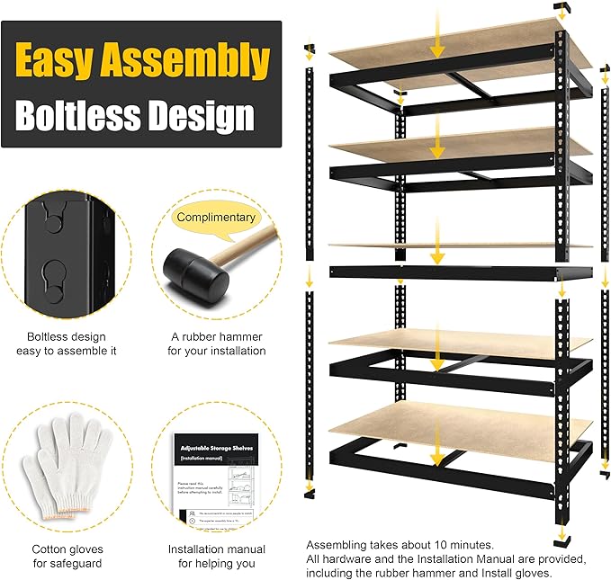PrimeZone 40" W x 18" D x 71" H Heavy Duty Storage Shelves, 5 Tier Adjustable Garage Storage Shelving, Metal Shelving Unit Utility Rack Shelf for Warehouse Pantry Closet Kitchen, Black, 3 Pack