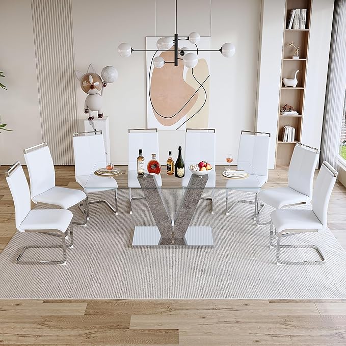 Glass Dining Table Set for 8, Modern Dining Room Table Set,Rectangular Clear Glass Tabletop and MDF Base,Large Glass Dinner Table and 8 White Leather Dining Chairs