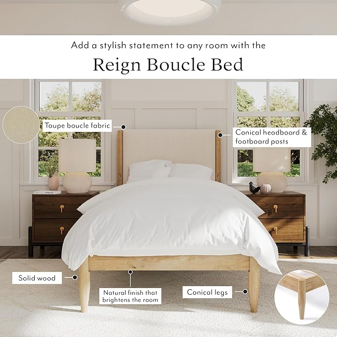 DG Casa Reign Boucle Mid-Century Modern Twin Size Wooden Platform Bed Frame - Upholstered in Taupe Boucle - Solid Wood with Natural Finish