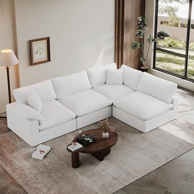 Oversized Cloud Sectional Couches for Living Room, 110.8" Comfy Down Filled Couch, Convertible 4 Seater Modular Sectional Sofa with Removable Covers, Deep Seat Modular Couch, White