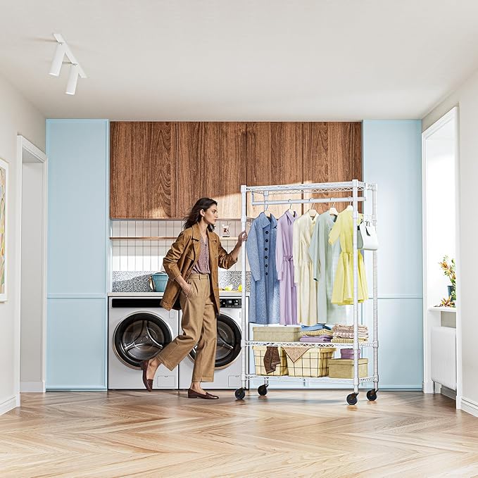 IZEUK Heavy Duty Rolling Garment Rack with 3 Adjustable Wire Shelves, Hanging Rod & Side Hooks - Mobile Clothes Rack with Wheels, 29.5" W x 15.7" D x 75" H, White