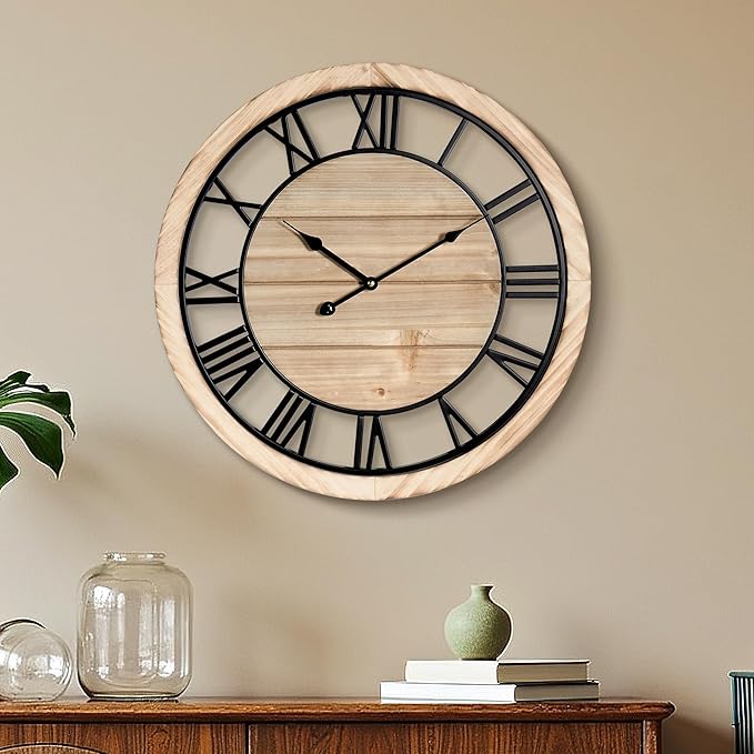 Maxstar 20'' Wall Clock for Living Room Decor, Ultra-Silent Rustic Wooden Farmhouse Wall Clock with Metal & Real Wood Frame, Battery Operated, for Kitchen Bedroom Office, Roman Numerals