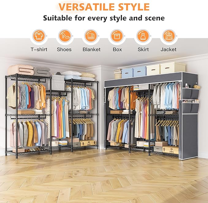 Raybee Heavy Duty Clothes Rack with Cover Clothing Rack for Hanging Clothes,Portable, Adjustable,Metal,Max Load 900lbs,Black