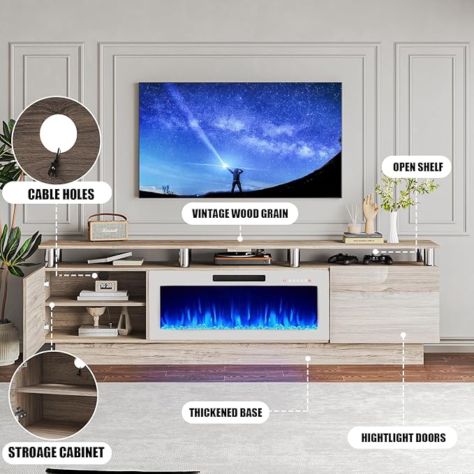 80" Modern Fireplace TV Stand with 36" Electric Fireplace for TVs Up to 90 inch, Luxury LED Light Entertainment Center with High Gloss Cabinet, Grey + Silver Posts with White Fireplace