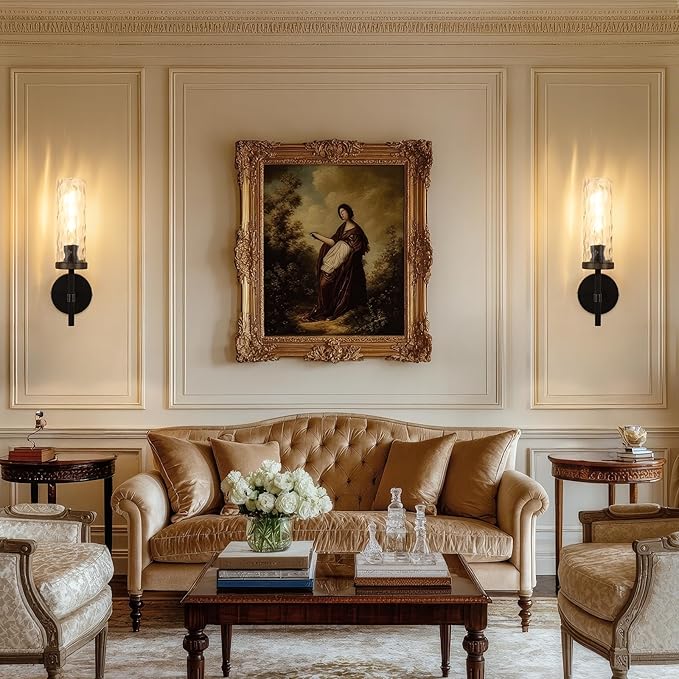 15" Knurled Brass Wall Sconces Set of 2, Black Gold Bathroom Vanity Light Fixtures with Water Ripples Glass Tube, Modern Lamp Lighting for Bedroom, Living Room, Hallway, Staircase, Mirror, Kitchen