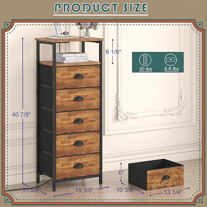 Nightstand with Charging Station,LED Night Stand with 5 Fabric Drawers, Bedside End Tables, 2-Tier Open Storage Shelf Side Table Nightstands with Drawers for Bedroom,Rustic Brown