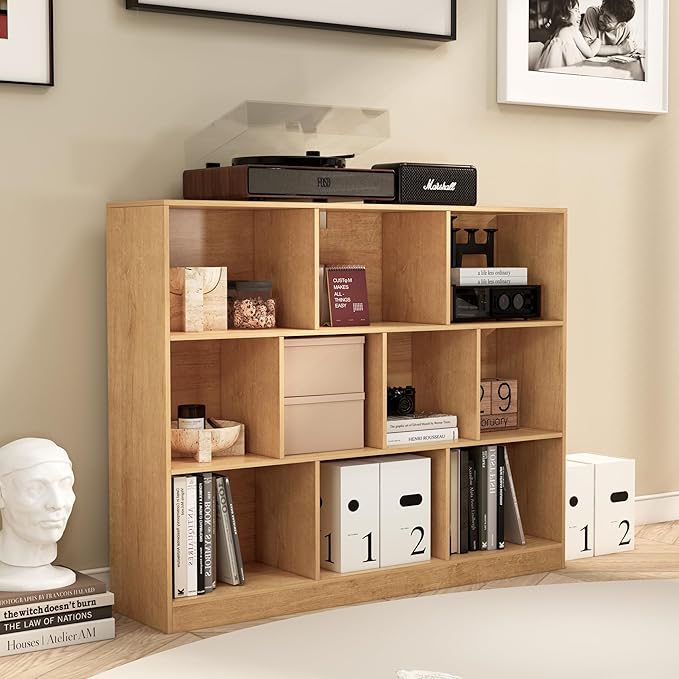 10-Cube Wooden Bookshelf with Base,3-Tier Freestanding Open Storage Organizer,Multi-Functional Bookcase for Living Room,Bedroom,Study and Office (Oak, 10-Cube)