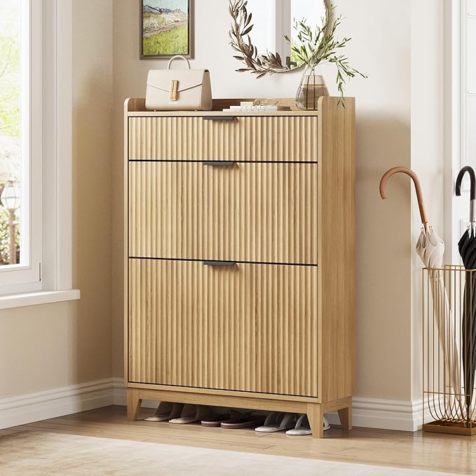 Maupvit Fluted Shoe Cabinet with 2 Flip Drawers & Large Drawer, Freestanding Shoe Storage with Adjustable Shelf, Shoes Organizer Shoe Rack for Entryway, Hallway, Front Door Entrance