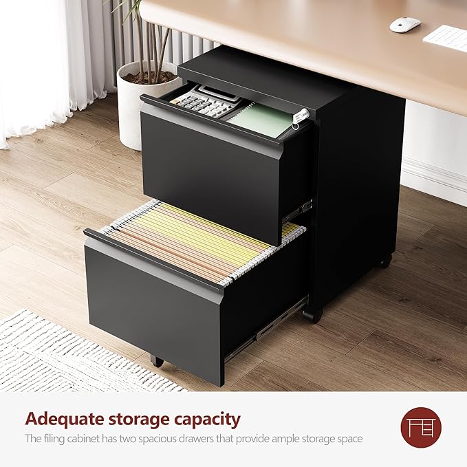 2 Drawer File Cabinet，Mobile Filing Cabinet with Lock and Wheels，Un-Assembled Metal Under Desk File Cabinets for A4/Letter/Legal Size（Black