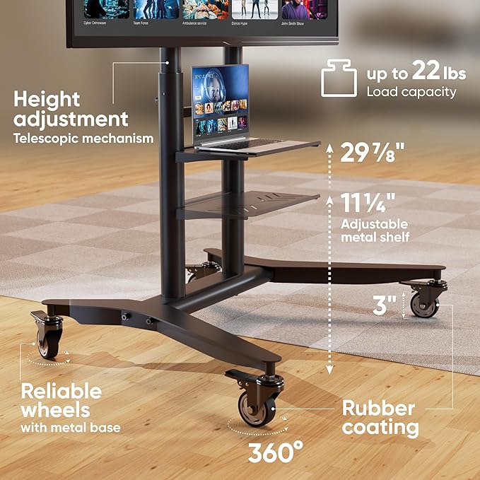 ONKRON Mobile TV Stand on Wheels for 55-90 Inch TVs up to 198 lbs, Height Adjustable TV Portable Stand, VESA 200x200-800x600, Movable TV Cart Rolling TV Stand with Shelf Black