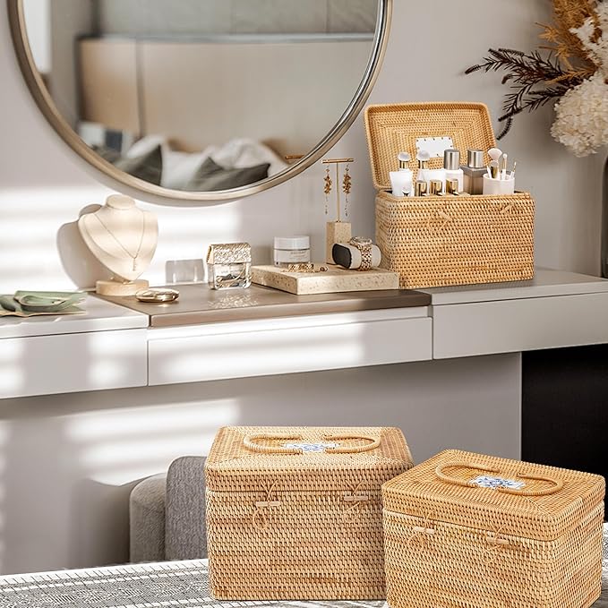 Rattan Basket With Lid,Blue-and-white Porcelain Decoration Design,Large Storage Basket Lidded,Rattan Box For Shelf (12" L×8"W×7.5"H)