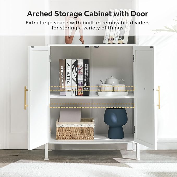 Arched Bookcase Book Shelf with Doors, 5 Tier Tall Display Bookshelf Cabinet with Storage, Industrial Floor Standing Bookshelves Open bookcases for Home Office, Living Room(White)