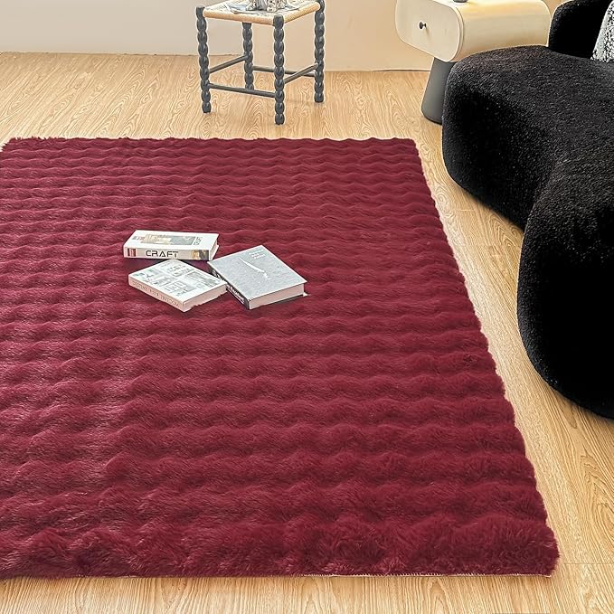 Wine Red Rabbit Plush Area Rug for Bedroom Living Room Sofa,4'X6' Faux Fur Fluffy Shaggy Rectangular Square Rug for Kids Teen Girls Room,Furry Carpet Rug for Nursery Baby Room Decor for Teenage