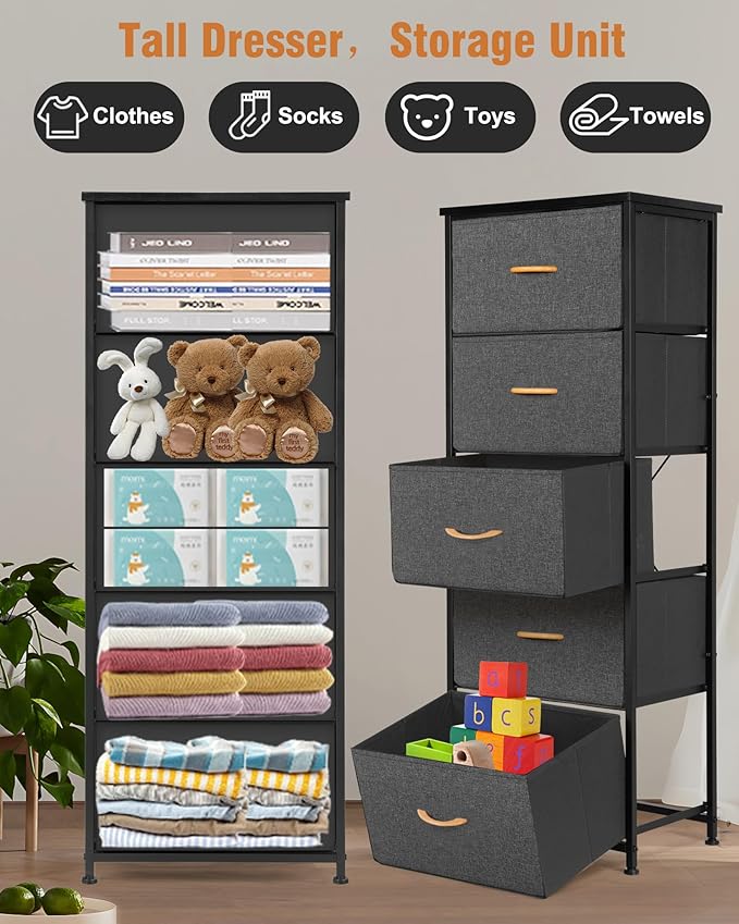 Dresser for Bedroom, Fabric Tall Dresser & Chests of Drawers with 5 Drawers, Vertical Organizer Storage Tower Unit for Bedroom, Hallway Grey