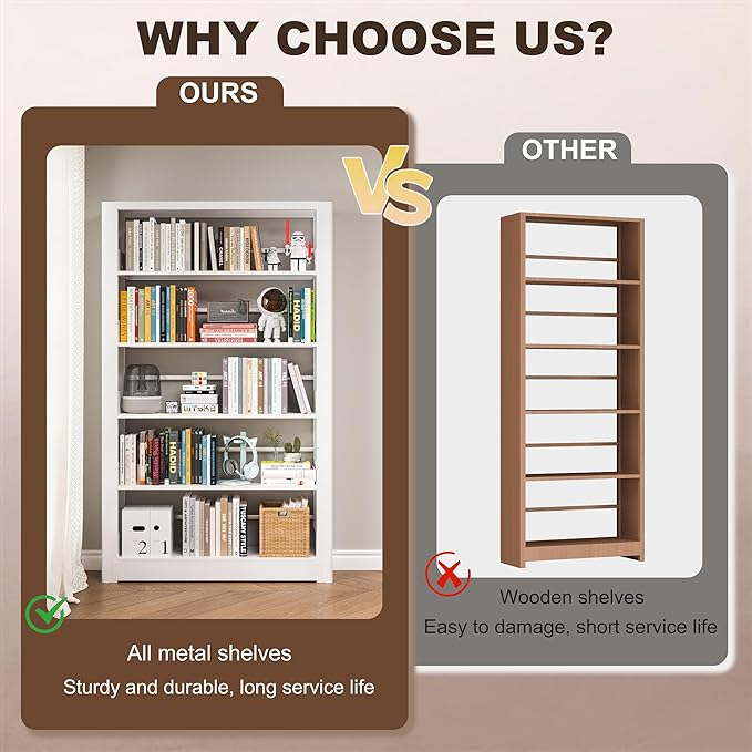 5 Tier White Bookshelf, 68.9" Tall Bookcase with Adjustable Storage Shelves, Heavy Duty Metal Book Shelf Organizer for Living Room, Office, Library, Including Book Stoppers