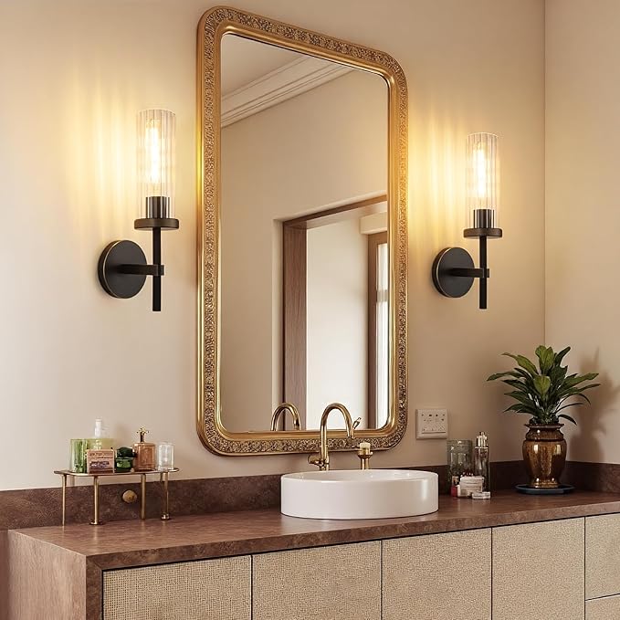 15" Knurled Brass Wall Sconces Set of 2, Black Gold Bathroom Vanity Light Fixtures with Vertical Striped Glass Tube, Modern Lamp Lighting for Bedroom, Living Room, Hallway, Staircase, Mirror, Kitchen