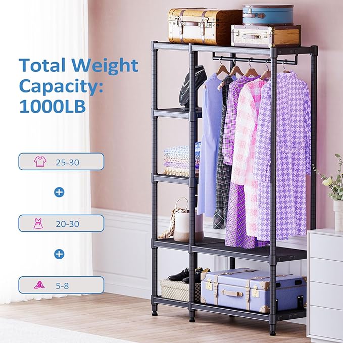 IZEUK Heavy Duty Rolling Garment Rack Wire Clothes Rack for Hanging Clothes, Metal Freestanding Closet Wardrobe Rack with 1 Rod Black 15.4" D x 35" W x 71.5" H