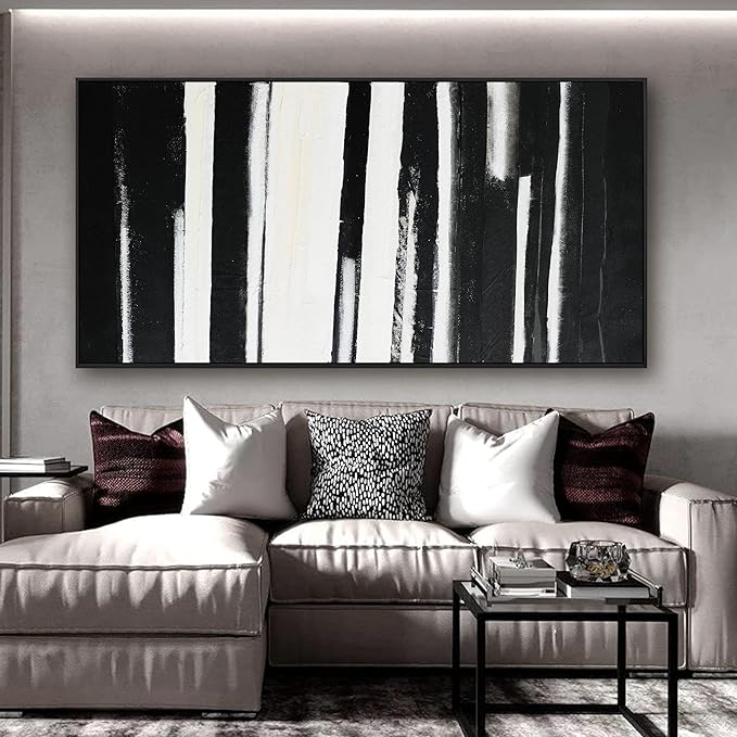 Framed Abstract Canvas Wall Art Decor Large Home Decor Wall Art Prints Black and White Minimalist Stripes Framed Artwork Modern paintings Wall Decorations for Living Room Wall Bedroom Kitchen Office Decor 29"×58"