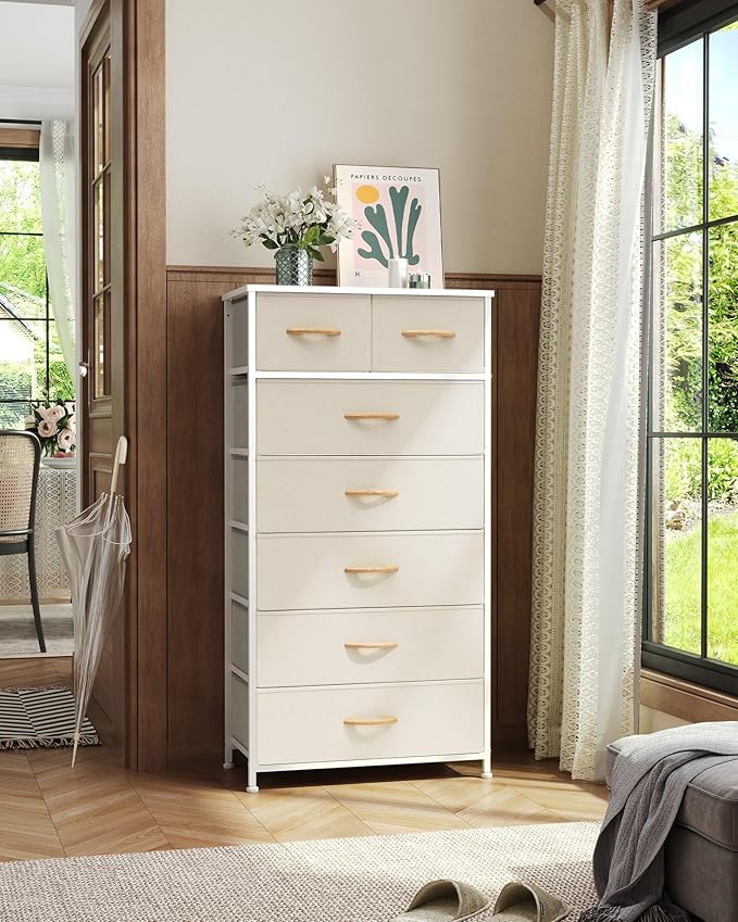 Crestlive Products Vertical Dresser Storage Tower - Sturdy Steel Frame, Wood Top, Easy Pull Fabric Bins, Wood Handles - Organizer Unit for Bedroom, Hallway, Entryway, Closets - 7 Drawers (Beige)