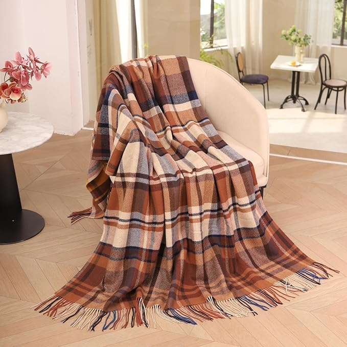 Brown Plaid Throw Blanket for Couch,100% Wool Throw Blanket for Home Decor, Soft Lightweight Cozy All Season Decorative Vintage Blankets for Travel,Bed, Sofa, Chair, Outdoor 55'' x 83''/2LBS
