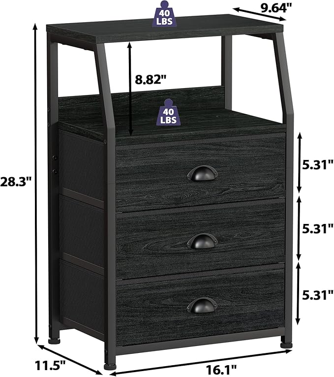 Furnulem Black Night Stand, Small Dresser for Bedroom, Nightstand with 3 Fabric Storage Drawers and 2-Tier Shelf, End Table Side Furniture for Closet, Hallway, Nursery, Sturdy Steel Frame, Wood Top