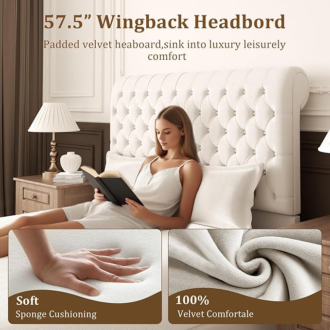 57.5" Tall Queen Size Upholstered Bed Frame with Rolled Headboard and Footboard, Plaform Bed Frame with Deep Button Tufting, Soft Chenille Fabric, Noise Free, No Spring Box Needed, Beige