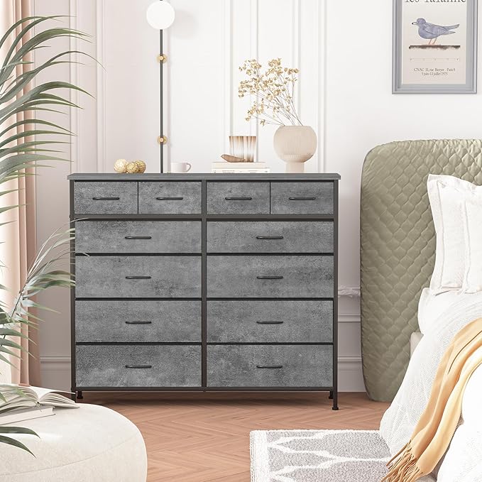 Gray Dresser for Bedroom with 12 Deep Drawers, Wide Chest of Drawers, 55" Wood Top TV Stand, Tall Fabric Storage Cabinet for Closet, Nursery, Kid's Room