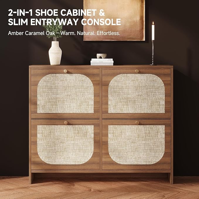 Nicetree Freestanding Arched Rattan Accent Ultra Slim Shoe Cabinet for Entryway - 4 Flip Drawers & 3-Tier Adjustable Shelves, Farmhouse Modern Rustic Shoe Rack for Hallway, Foyer, Living Room