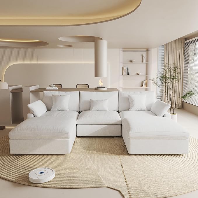 Cloud Couch Modular Sectional Sofa,119.29" U Shaped Couch, Oversized Down Filled Convertible Wide Seater,3 Seater with 2 Ottomans for Living Room Set, Covers Washable&,White