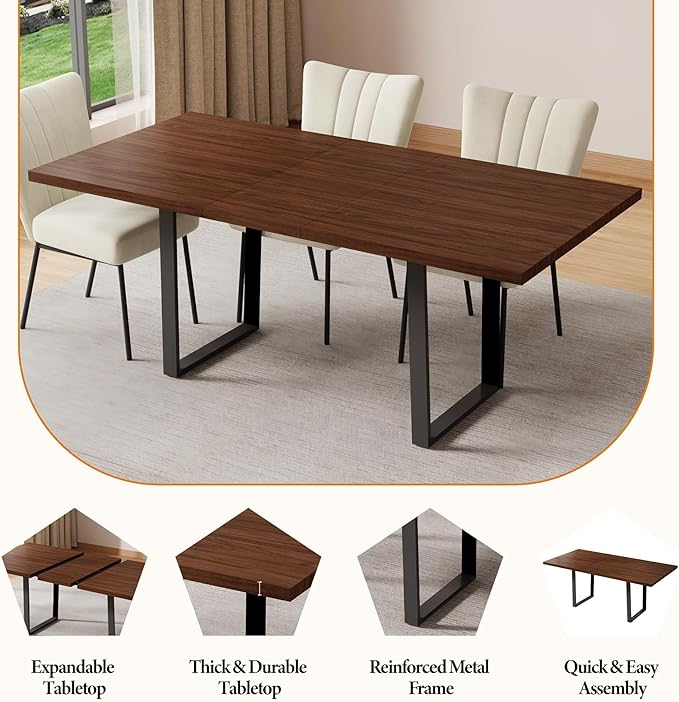 ZckyCine 63"-79" Modern Walnut Dining Table Set for 6 with 6 PU Leather Chairs, Extendable Wood Kitchen Table & Chair Set, Dining Room Furniture for Home, 6-Person Expandable Table
