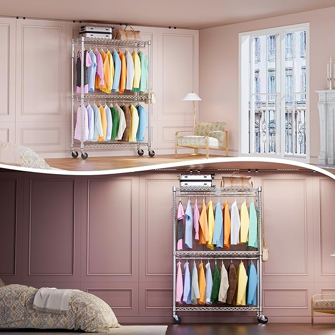 IZEUK 3-Tier Heavy Duty Rolling Garment Rack, Chrome Metal Freestanding Closet Wardrobe Rack with Double Rods and Side Hooks, 15.7" D x 45.3" W x 79.6" H