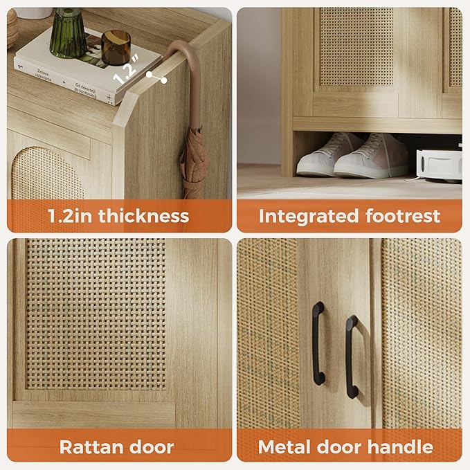 Shoe Cabinet Storage for Entryway, Rattan Storage Cabinet, Wooden Shoe Rack with Doors, Farmhouse Boho Wood Shoe Organizer Cabinet for Hallway (Oak)