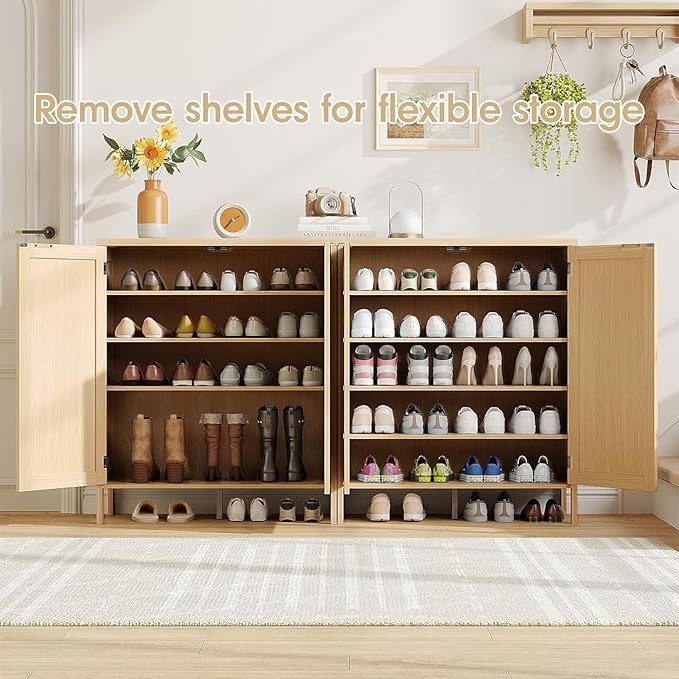 Maupvit Real Rattan Shoe Storage Cabinet with 2 Doors and 5 Shelves, Boho Shoe Organizer Cabinet, Accent Credenza Cabinets, 5-Tier Shoe Cabinet Storage for Entryway, Hallway, Living Room