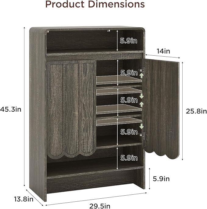 Vabches Shoe Storage Cabinet with Wave Panel Doors, 5-Tier Shoe Cabinet with Adjustable Shelves, 45'' Tall Freestanding Narrow Shoe Organizer for Entryway, Front Door, Hallway, Wood Legs, Gray