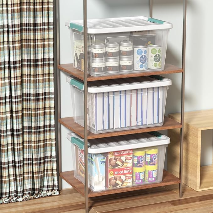 6-Pack 35 quart Large Plastic Storage Bin, Latching Box with Clear Base, White Lid and Green Latches