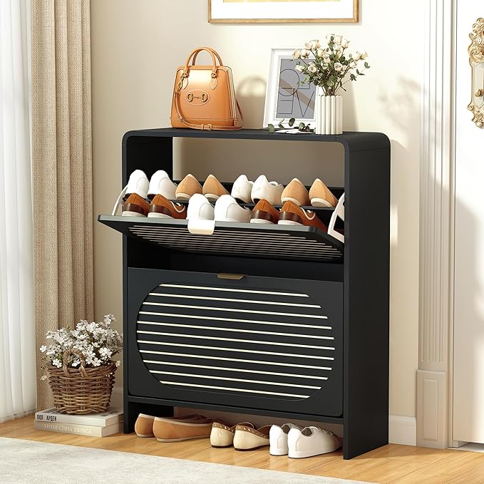 Curved Narrow Shoe Storage Cabinet for Entryway with 2 Flip Drawers, Wood Shoe Cabinet with Arched Panel, Freestanding Shoe Organizer Closed Shoe Rack for Hallway, Foyer, Black