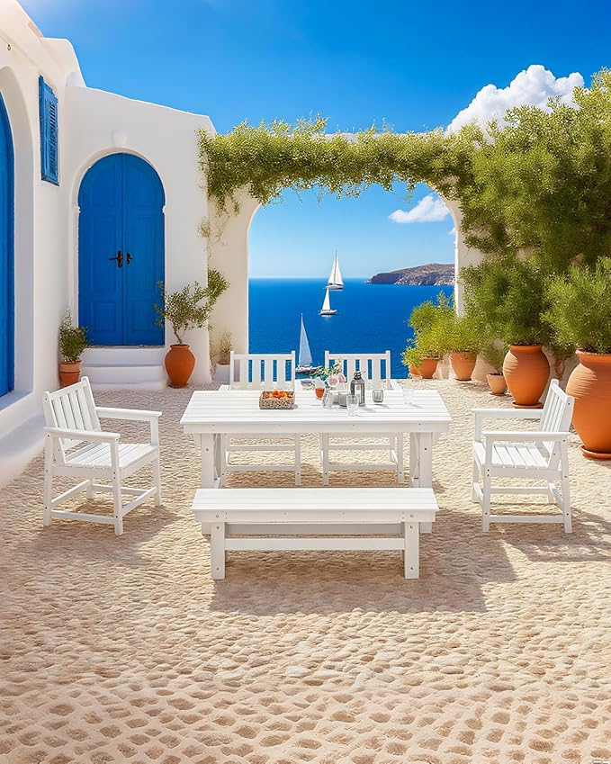 QUASCO Outdoor HDPE Dining Set for 6, Patio Dining Furniture Set with Umbrella Hole Table and 1 Bench and 4 Chairs, All Weather Outdoor Dining Bench Sets for Poolside, Garden, Deck, White