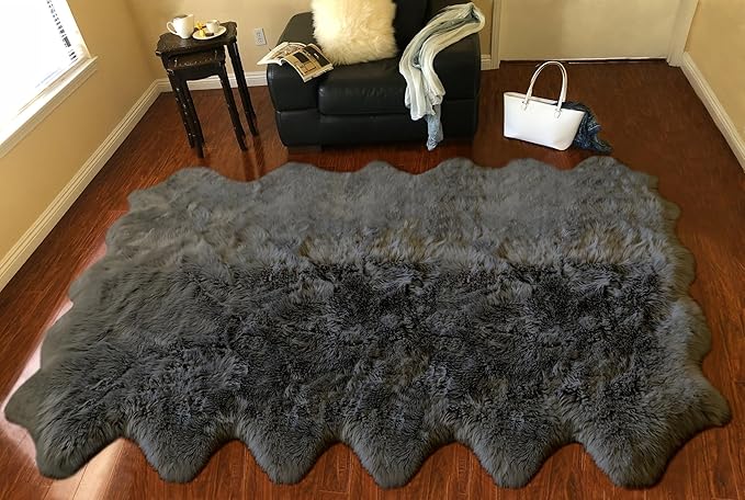 Free Shape Luxury Soft Fluffy Shag Area Rug Duo Decto 12 Pelts 6'x12', 180x360cm - Vegan Fur Ultra Soft Indoor Carpet Nursery Rugs for Bedroom Home Decor, Dark Grey