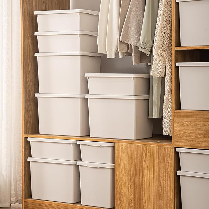 LightGray Storage Bins with lids,Stackable Plastic Boxes Set of 4,Storage busket with handle for Organizing Snacks, Crafts,Crafts, Tools,books (LightGray, 4XL)