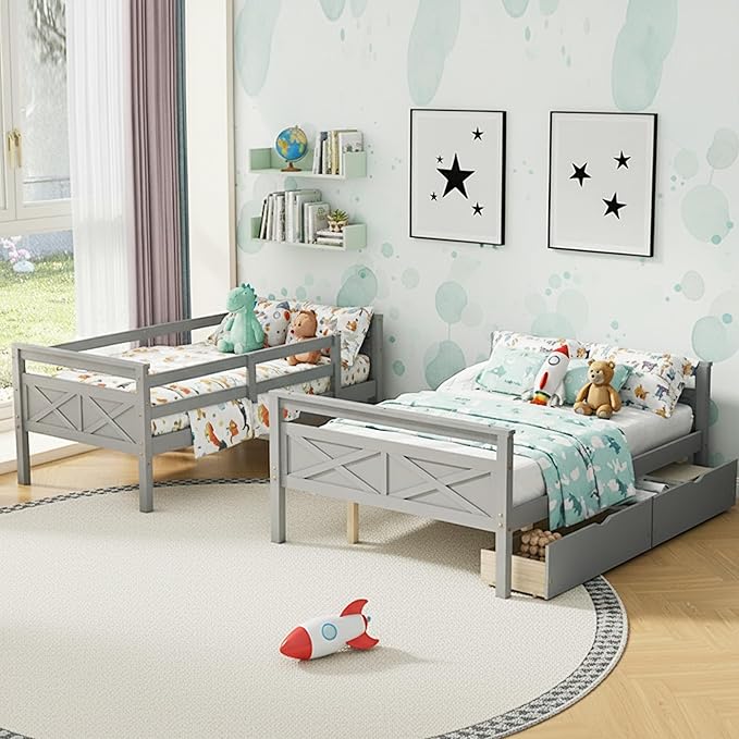Twin Over Full Bunk Bed with Drawers, Convertible to 2 Separate Beds, Twin Bed Frame with Storage, Ladder and Safety Guardrails, No Box Spring Needed, Perfect for Kids Teens Adults Bedroom, Gray
