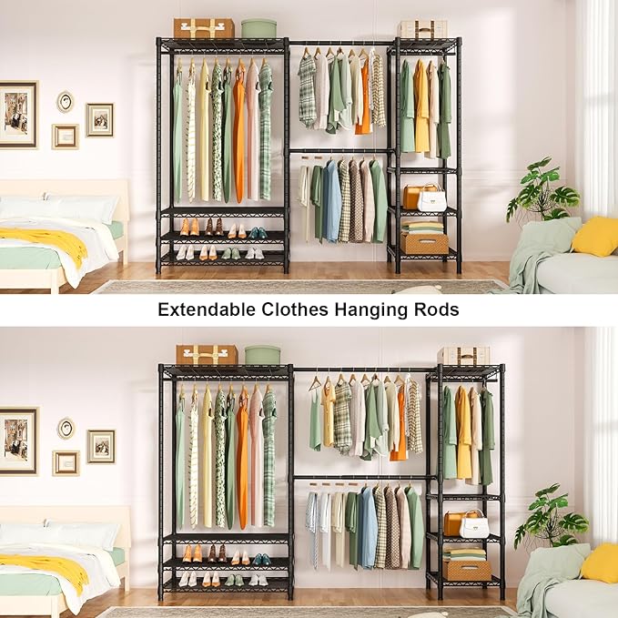 Ulif E11 Heavy-Duty Garment Rack, Metal Freestanding Clothes Rack and Closet Storage Organizer System with 8 Shelves and 4 Hanger Rods, (73.2 - 97.6)"W x 14.5"D x 71.2"H, Load 1034 LBS, Black