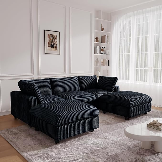 JACH 118" U Shape Modular Sofa for Living Room, Convertable Sectional Couch with Chaise Ottomans, Modern Deep Seat Sofas, Sofa Covers Washable, Minimalist Plush Couch for Living Room, Apartment, Black