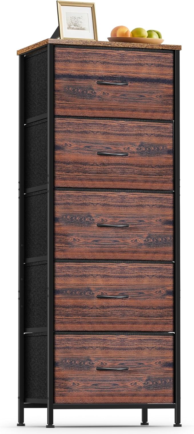 5 Fabric Drawer Dresser for Bedroom, Chest of Drawers with Waterproof Wood Top Tall Dresser for Hallway, Living Room, Kid Room (Rustic Brown)